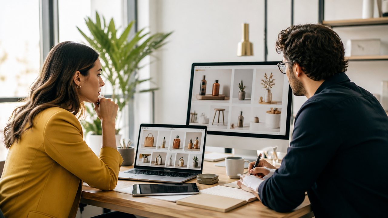 Personas revisando webs y productos en un despacho