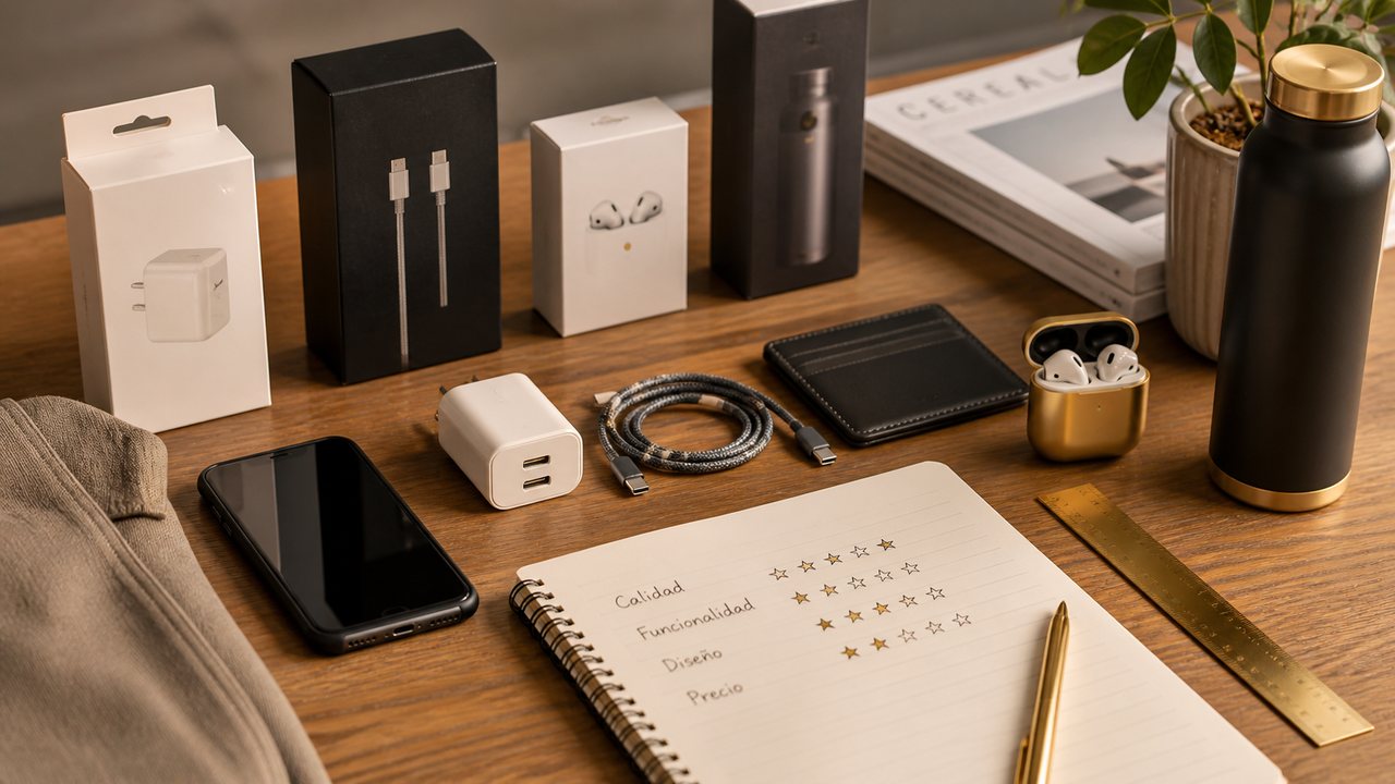 Productos y accesorios colocados sobre una mesa para revisar varias opciones